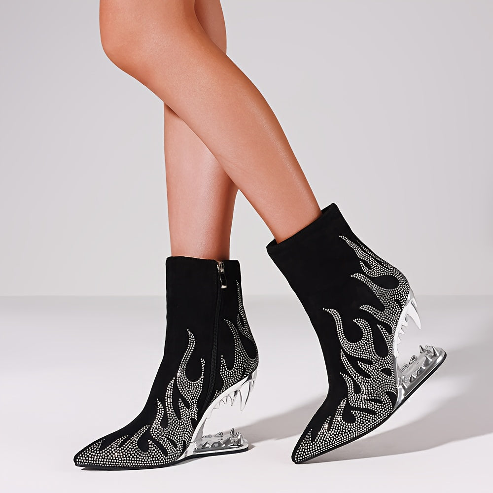 Fashion Women's High Heels - Shiny Rhinestone, Flame Pattern, Pointed Toe, Side Zipper, Cool Shark Teeth Design, Perfect for Party Nightclub, Ankle Booties