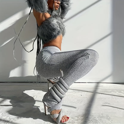 Strappy High Heels Gladiator Sandals - Grey Jersey Knit Fallopian Cloth Rope Lace Up Sexy Open Toe Square Stilettos Tie Up Heeled Sandals - For Women US Size 6-12 - Perfect for Parties & Night Out