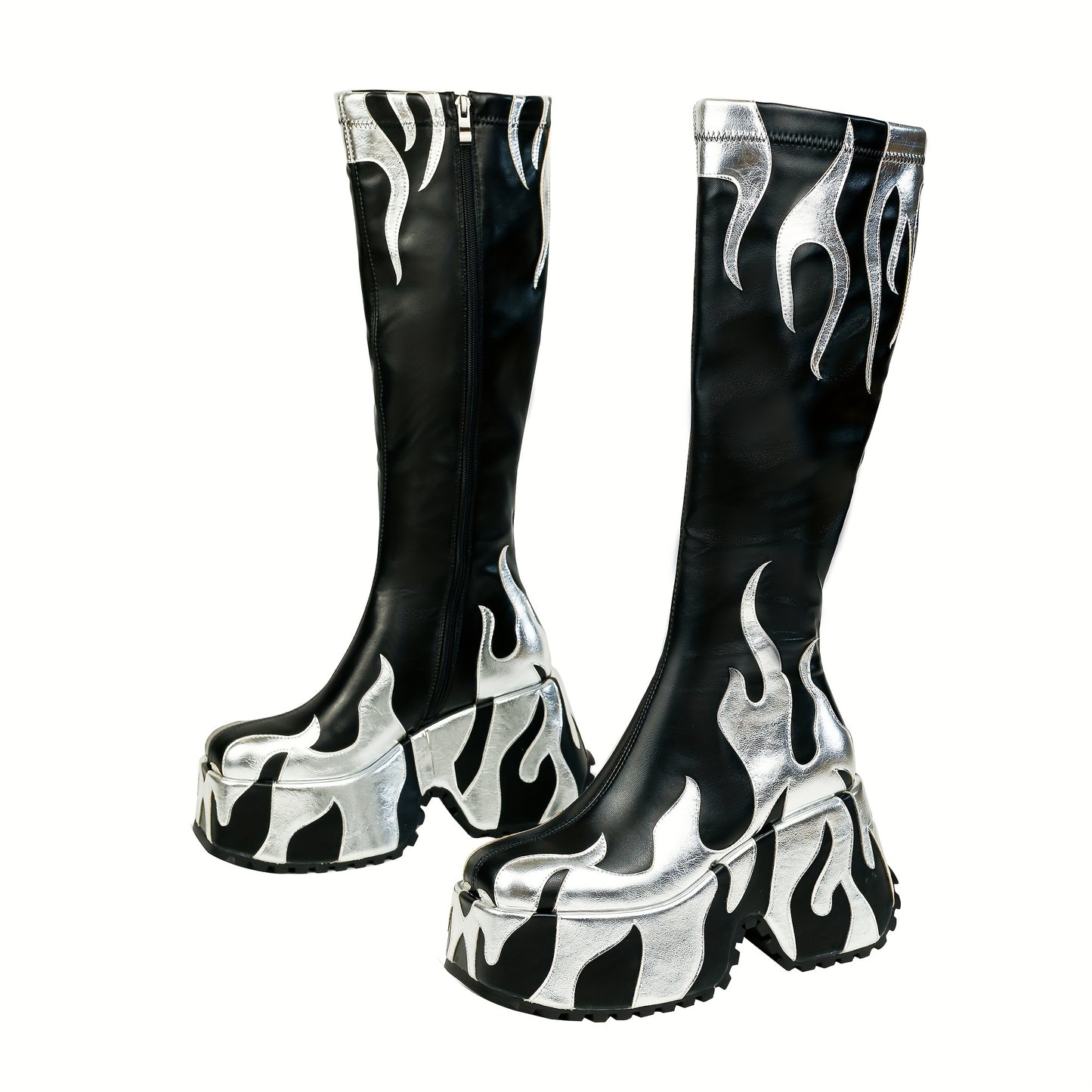 Women's Knee-high Boots With Side Zipper, High Heels, Flame Design, And Thick Soles