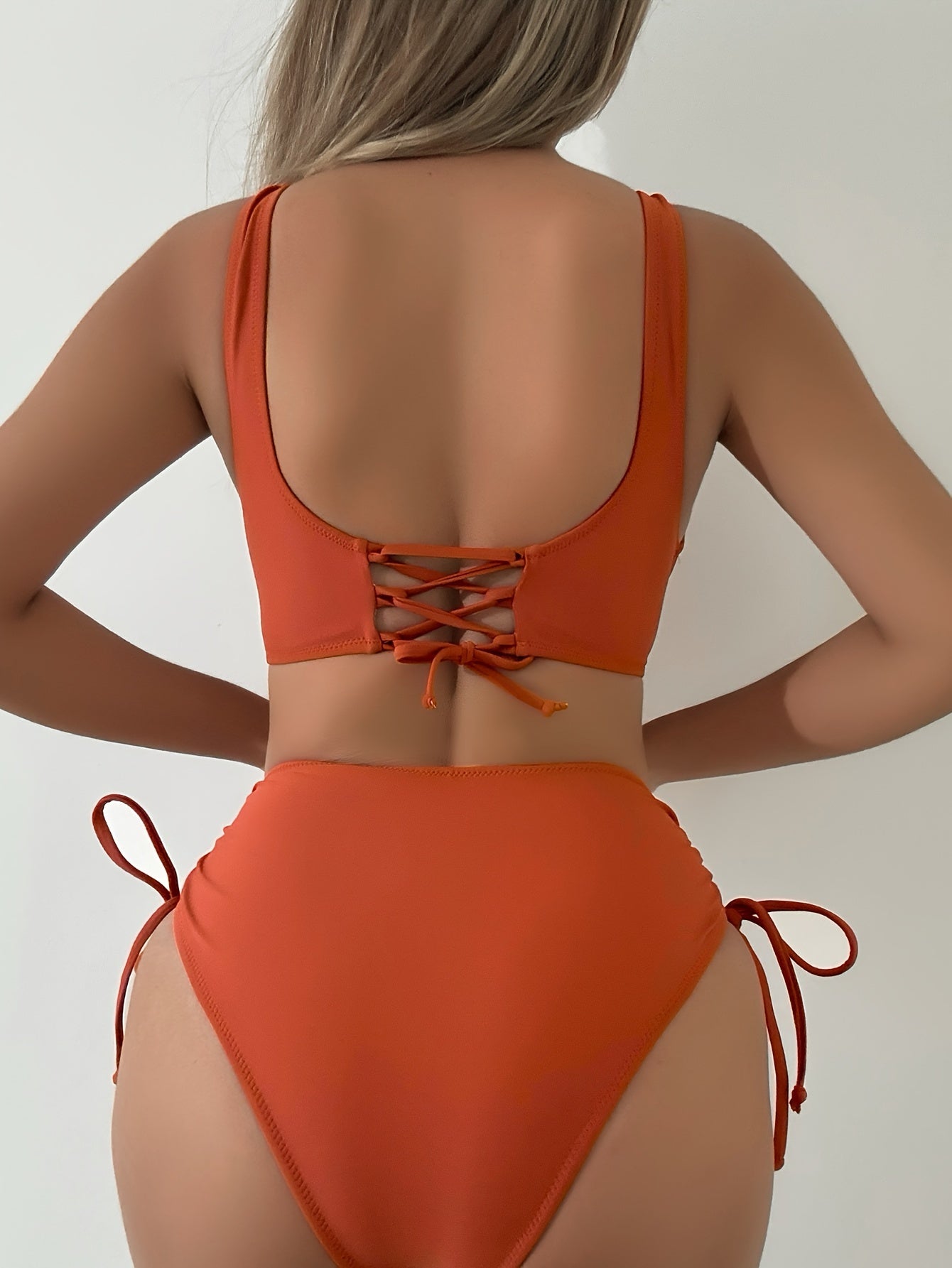 2 Piece Set Bikini - V Neck Criss Cross Straps, Tie Side, High Waist, Solid Color, Layered, Comfortable, Flattering, Women's Swimwear & Clothing for Beach Vacation
