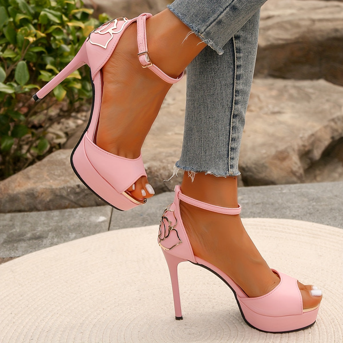 Women's Platform D'Orsay High Heels - Rose Decor Peep Toe Ankle Strap Stiletto Sandals - Fashionable & Elegant - For Parties, Banquets & Special Occasions - Perfect Gift for Women