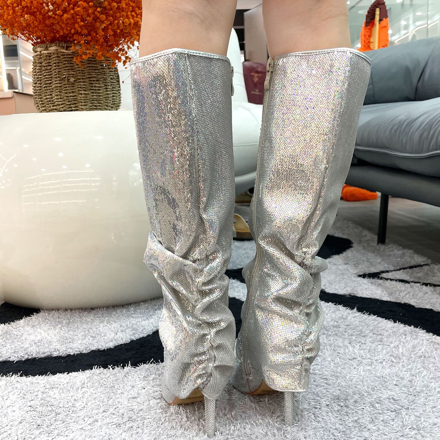Metallic Fishnet Overlay Boots Knee High Boots Women Fold Over Knee High Boots Chunky High Heels Long Boots Zipper Pointed Toe Dress Tall Boots For Women