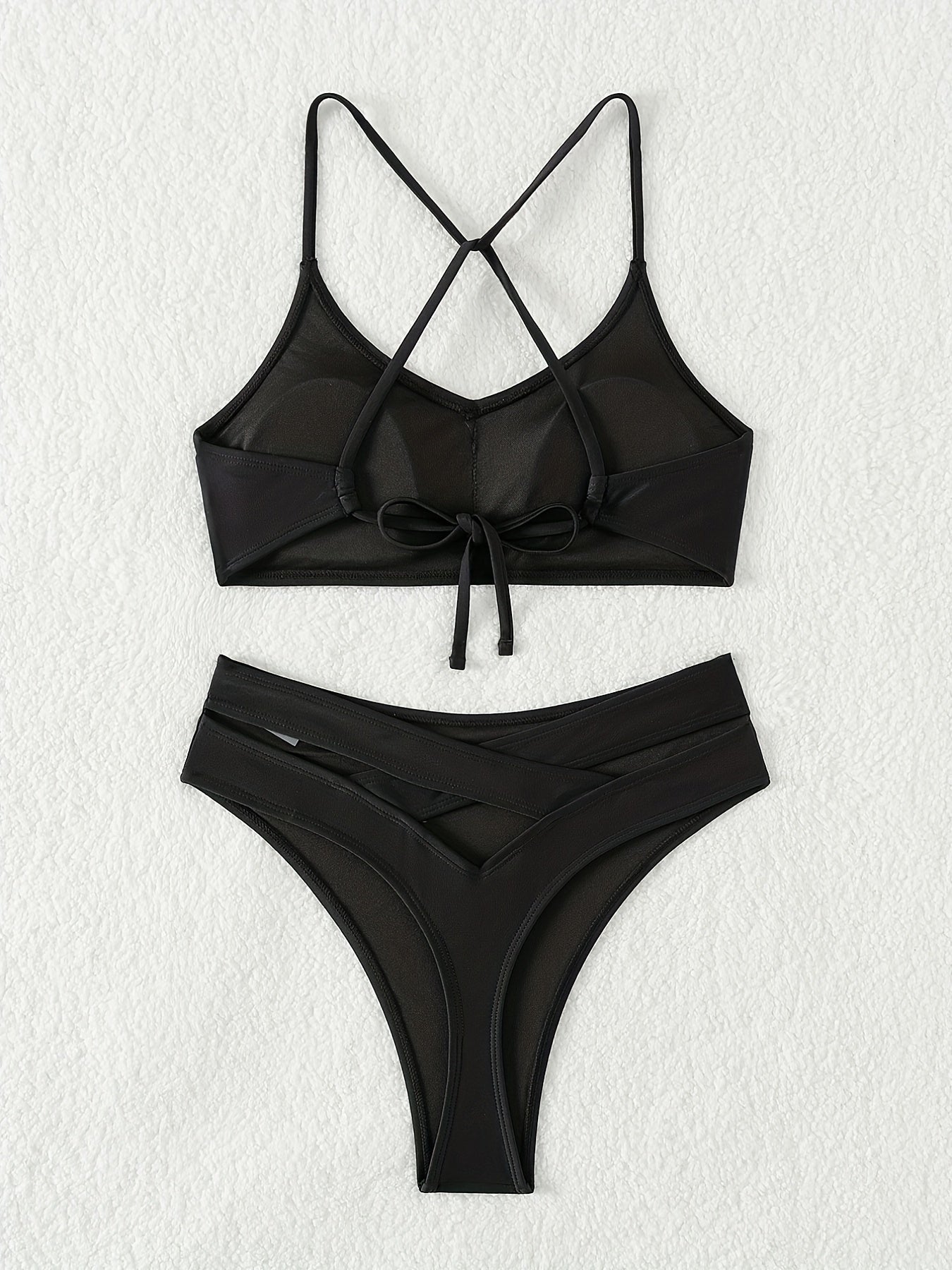 2-Piece Criss Cross Tie Back Bikini Set - Chic Hollow Out Design, Stretchy Solid Black - Comfortable Beachwear for Women
