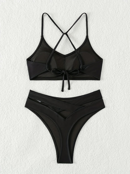 2-Piece Criss Cross Tie Back Bikini Set - Chic Hollow Out Design, Stretchy Solid Black - Comfortable Beachwear for Women
