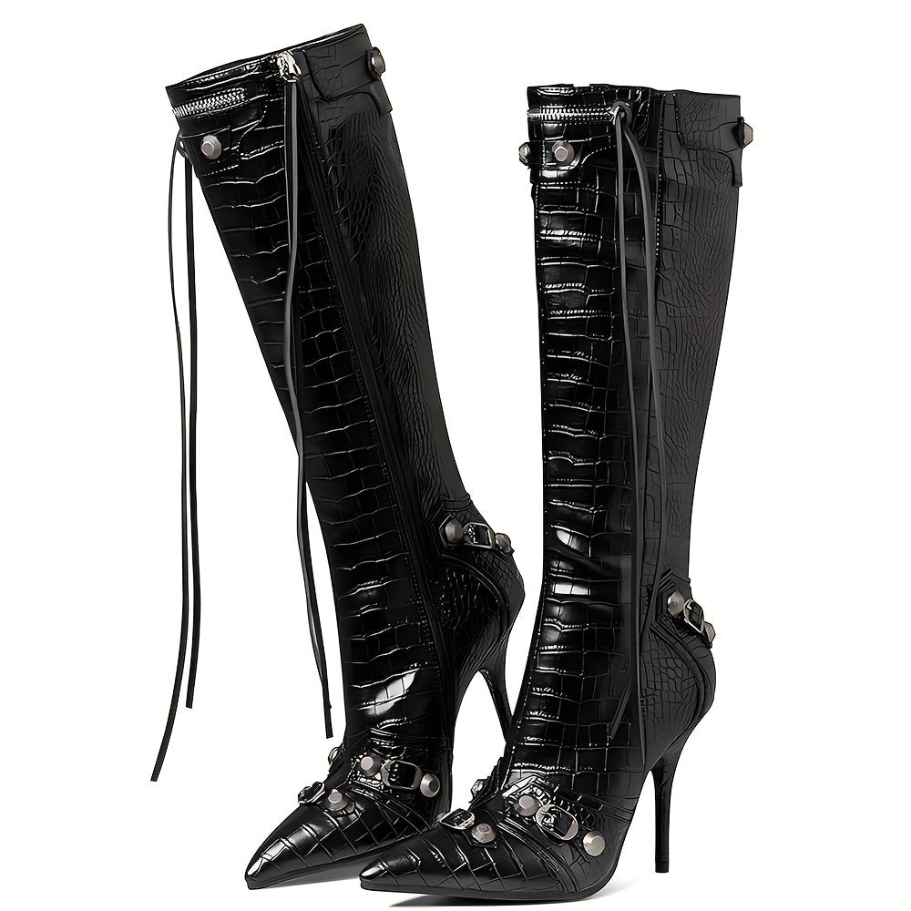 Punk Gothic Women Motorcycle Boots Pointed Toe Knee High Rivets Tassels Stilettos High Heels Sexy Party Nightclub Shoes Woman