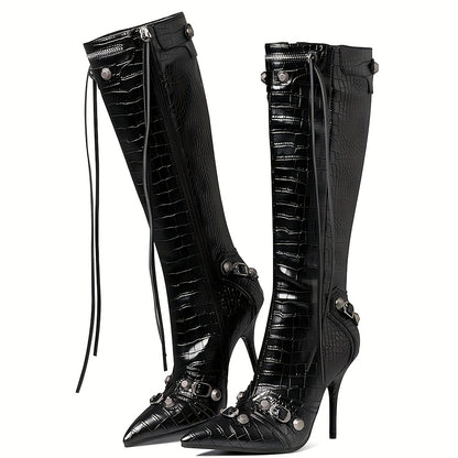 Punk Gothic Women Motorcycle Boots Pointed Toe Knee High Rivets Tassels Stilettos High Heels Sexy Party Nightclub Shoes Woman