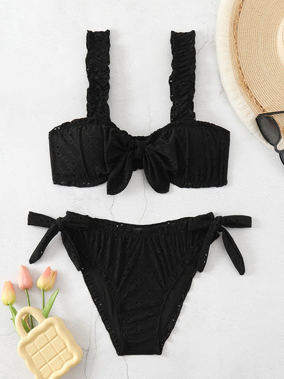 2 Piece Eyelet Embroidery Frill Stretchy Knot Bikini Set - Cute, Comfortable, and Chic Women's Swimwear with Plain White Color - Perfect for Beach, Pool, and Summer Vacation