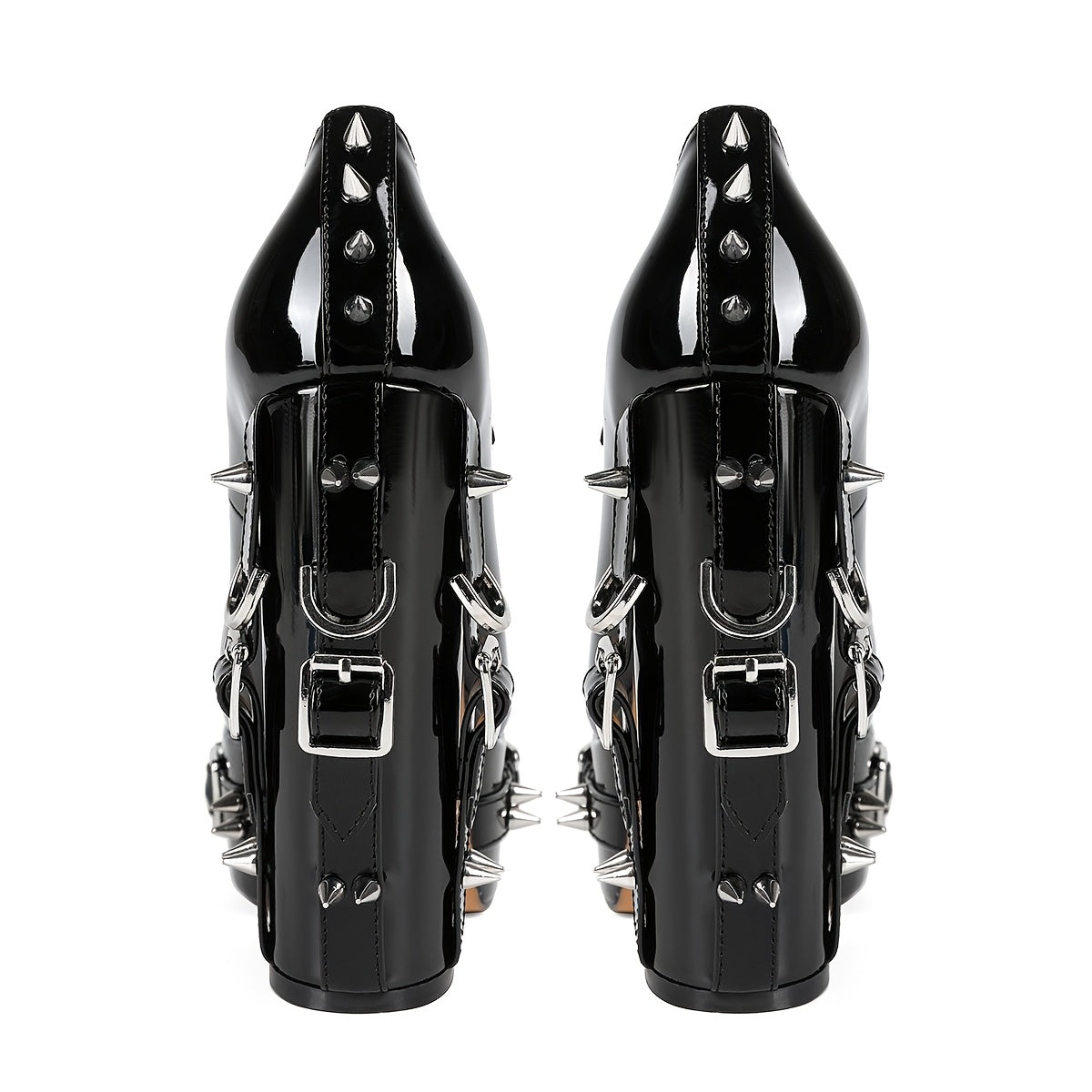 Chic Punk-Inspired Women's Platform Pumps with Rivet Buckle Detail, Waterproof Faux Cover High Heels for All Seasons