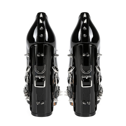Chic Punk-Inspired Women's Platform Pumps with Rivet Buckle Detail, Waterproof Faux Cover High Heels for All Seasons