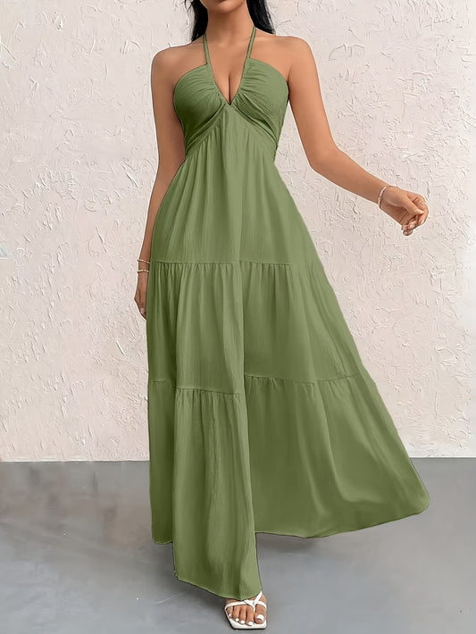 Women'S Off-Shoulder Green Maxi Dress - Casual Summer Style with Ruffled Hem, Sleeveless, Polyester, Perfect for Spring/Summer, Casual Summer Dress | Ruffled Hem Dress | Polyester Dress