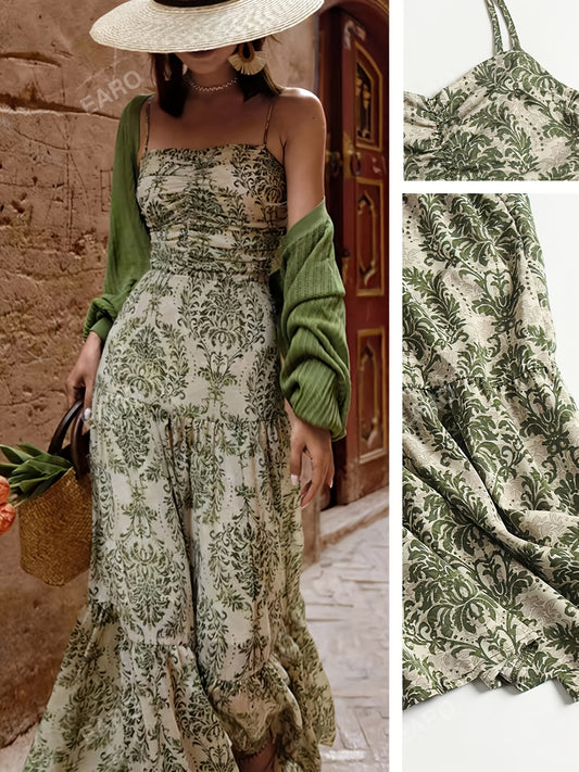 ZD122951 Floral Print Strapless Bow Back Summer Dress - A-Line Waist Accentuating Vacation Dress for Women, Polyester Blend, Green & Beige, Machine Washable, Elegant Beach & Garden Party Outfit, Beach Dresses