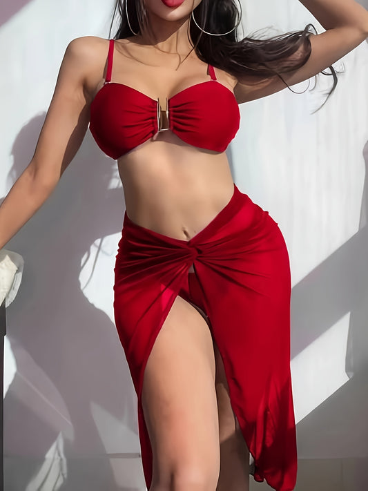 Solid Color 3 Piece Set Bikini, U-Wire High Cut With Cover Up Skirt Swimsuits - Polyester - For Women - Perfect for Beach Vacations & Pool Parties - Ideal Gift for Summer
