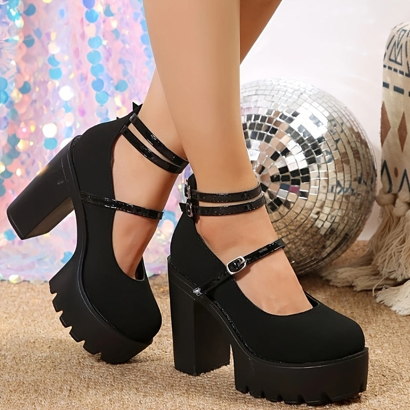 Women's Black Platform Block Heel Pumps with Ankle Straps - Round Toe, Faux Cover, Chunky Rubber Sole, All-Season Fashion Shoes, Casual Chic Heels | Elegant Ankle Straps | Faux Cover Shoes