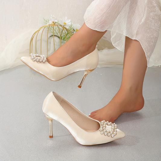 Champagne Satin Bridal Heels for Wedding 2024, Elegant French Style, Crystal Straps, Thin Heel, Comfortable, Multi-Season