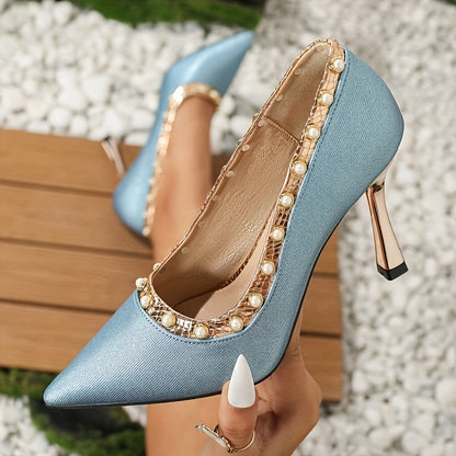 Elegant Peacock Blue Women'S High Heels with Pearl Studs - Sexy Ramadan Fashion, Versatile Peacock Blue Party Shoes, Lightweight Mid-Height Stiletto Pumps with Pointed Toe and TPR Sole