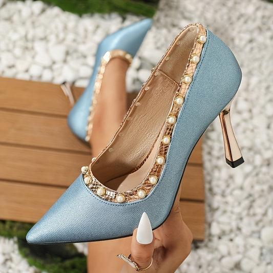 Elegant Peacock Blue Women'S High Heels with Pearl Studs - Sexy Ramadan Fashion, Versatile Peacock Blue Party Shoes, Lightweight Mid-Height Stiletto Pumps with Pointed Toe and TPR Sole