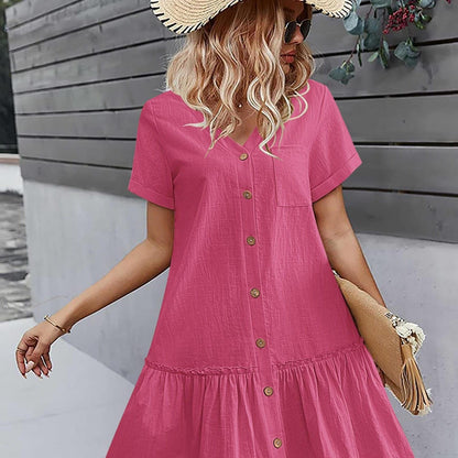 Women's Casual Short Sleeve Button- Dress with Ruffle Hem - Lightweight 300gsm V-Neck Tunic Shirt Dress, Machine Washable Summer Dress for Beach Outings & Casual Wear, Summer Casual Dress | Ruffle Hem Dress | Breathable Fabri