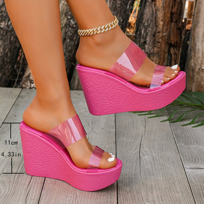 Women'S Sexy Magenta Platform Wedge Sandals with Open Toe, Transparent PVC Strap & Textured Sole - Summer High Heels, Peep Toe Sandals