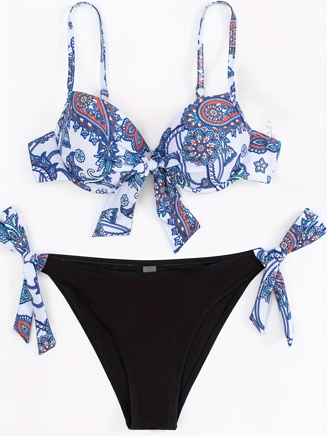 Blue Paisley Floral Print 2 Piece Set Bikini, Knot Front Spaghetti Strap Bow Tie Underwire Push Up Stretchy Swimsuits, Women's Swimwear & Clothing
