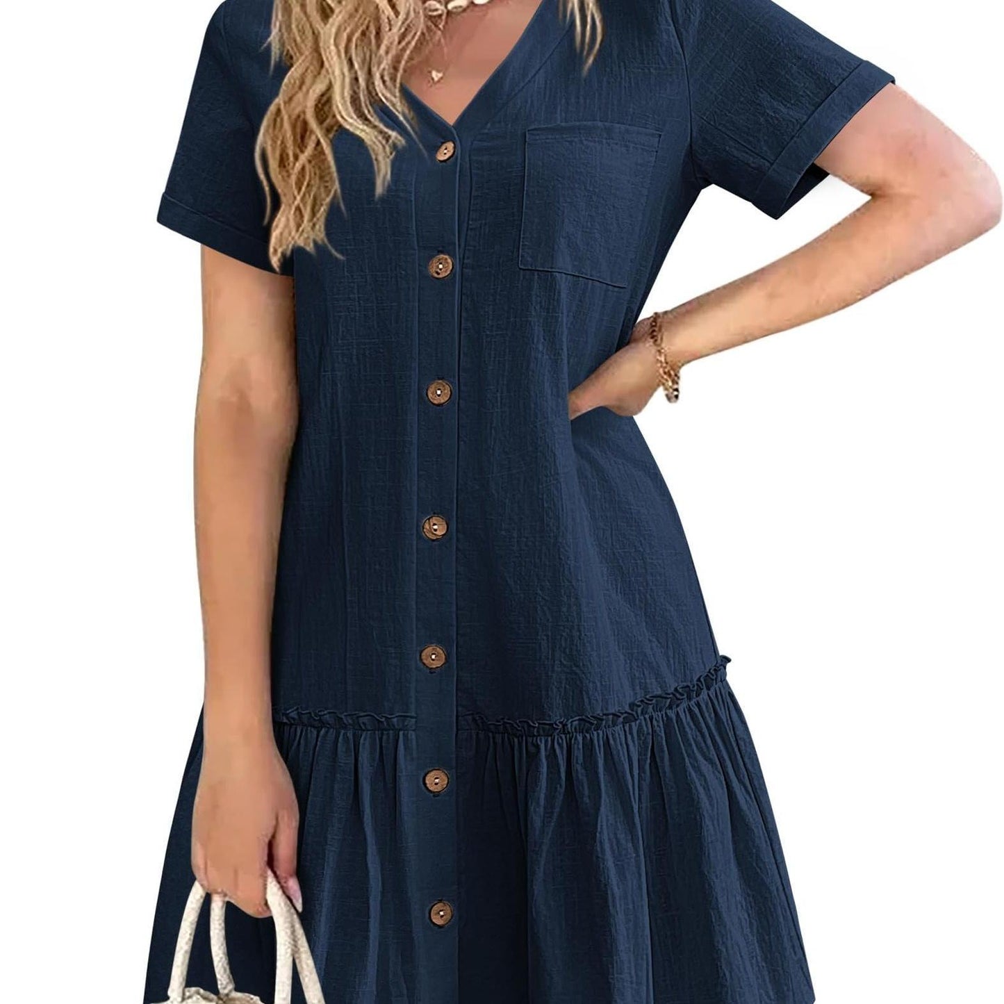 Women's Casual Short Sleeve Button- Dress with Ruffle Hem - Lightweight 300gsm V-Neck Tunic Shirt Dress, Machine Washable Summer Dress for Beach Outings & Casual Wear, Summer Casual Dress | Ruffle Hem Dress | Breathable Fabri