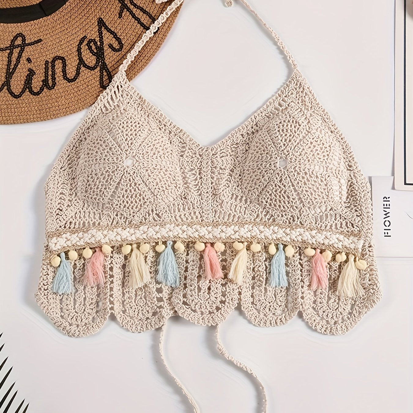 [Backless Padded Carnival Swimwear] Bohemian Hollow Out Crochet Tassel Pom Pom Top, Halter Tie Neck Backless Padded Top, Women's Swimwear & Clothing for carnival & Music Festival