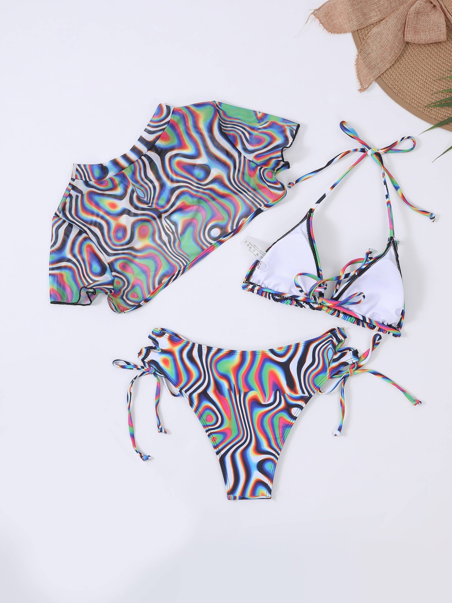Chic Plaid Bikini Set - 3-Piece with Short Sleeve Cropped Cover Up - Adjustable Halter Tie Strap Swimsuits - Premium Womens Swimwear Collection