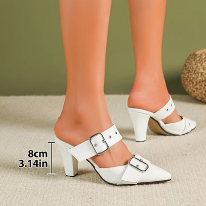 Women's Solid Color Stylish Sandals, Slip On Studded & Buckle Chunky Heels, Point Toe Formal Sandals