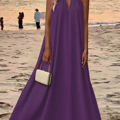 Women'S Sleeveless Halter Neck Maxi Dress - Elegant Purple, Solid Color, Backless Design for Beach & Vacation, Polyester, Summer Dress|Backless Dress|Polyester Dres