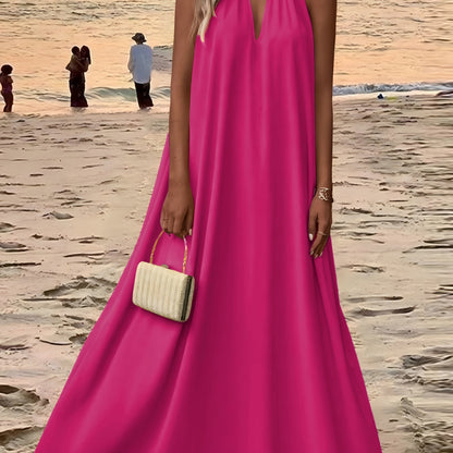 Women'S Sleeveless Halter Neck Maxi Dress - Elegant Purple, Solid Color, Backless Design for Beach & Vacation, Polyester, Summer Dress|Backless Dress|Polyester Dres