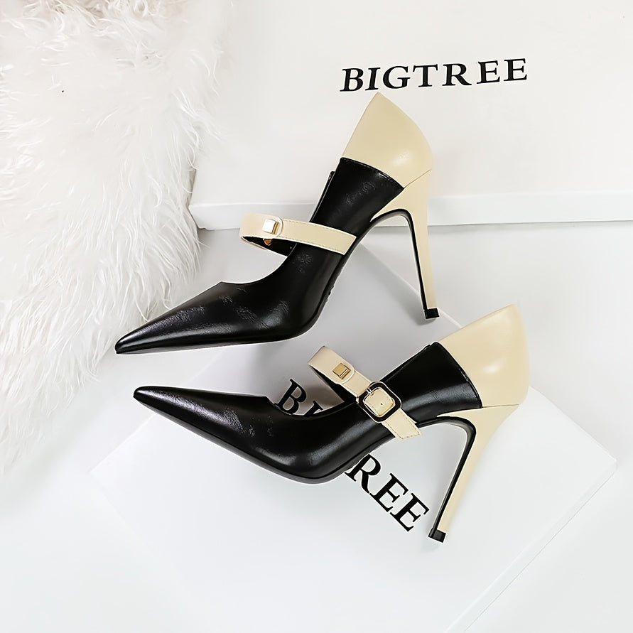 [Two-Tone Stiletto] Elegant Two-Tone Stiletto High Heels for Women | 1 Pair | PU, Rubber Sole | Pointed Toe, Ankle Strap | Versatile Season Footwear | Elegant