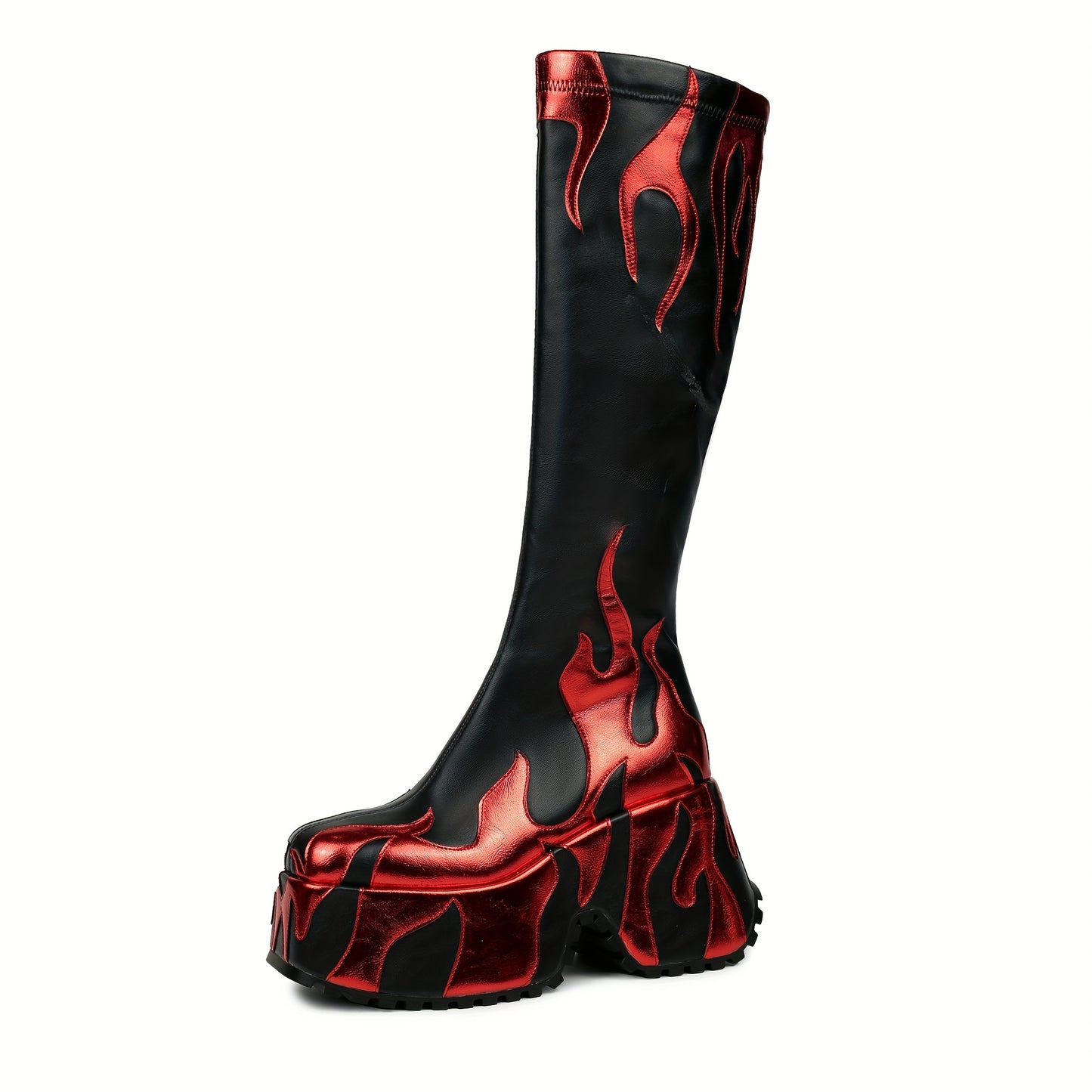 Women's Knee-high Boots With Side Zipper, High Heels, Flame Design, And Thick Soles