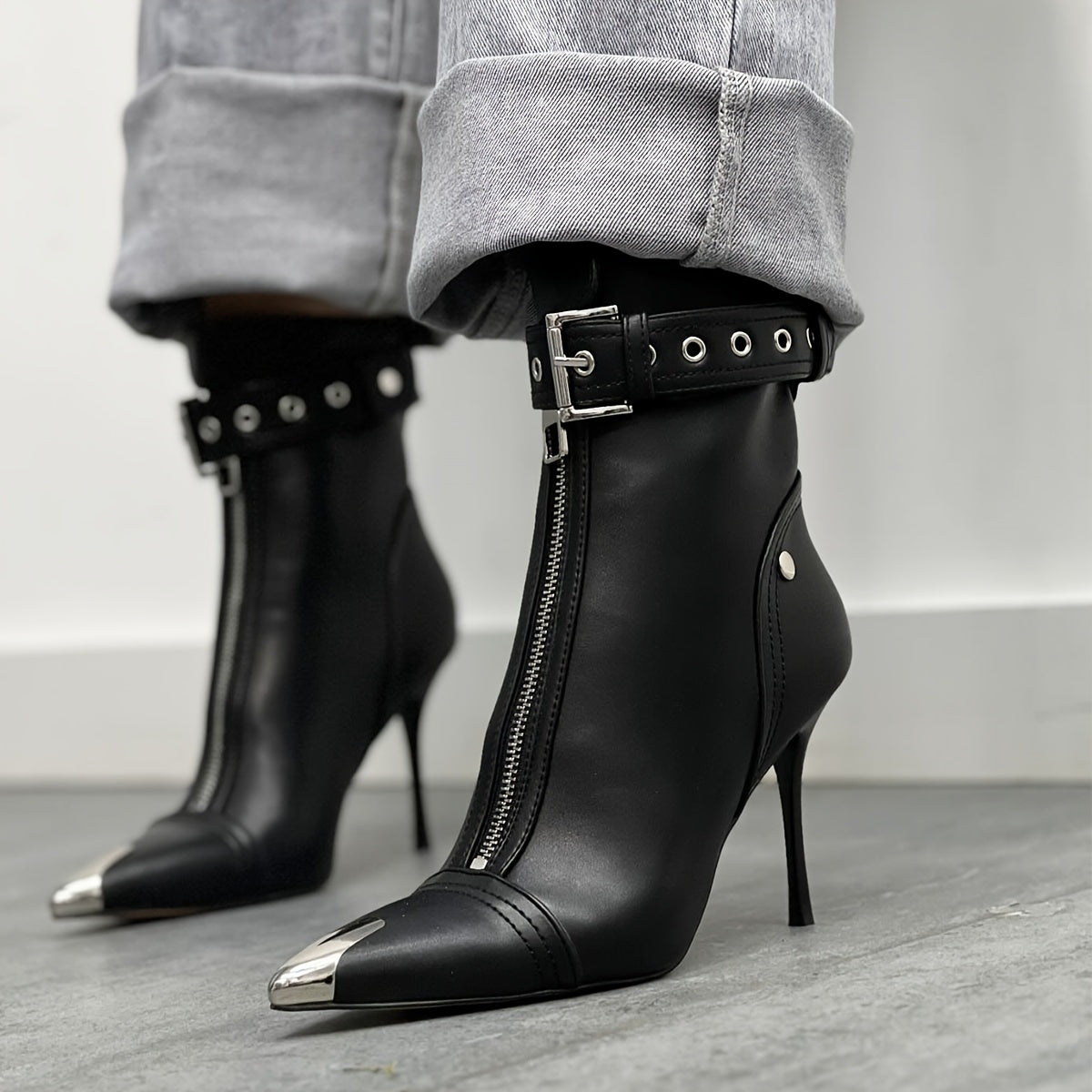 Fashion Womens Ankle Boots Metal Pointed Toe Stiletto Heel Boots Sexy Buckle Strap Boots Nightclub Dress High Heels Boots Women