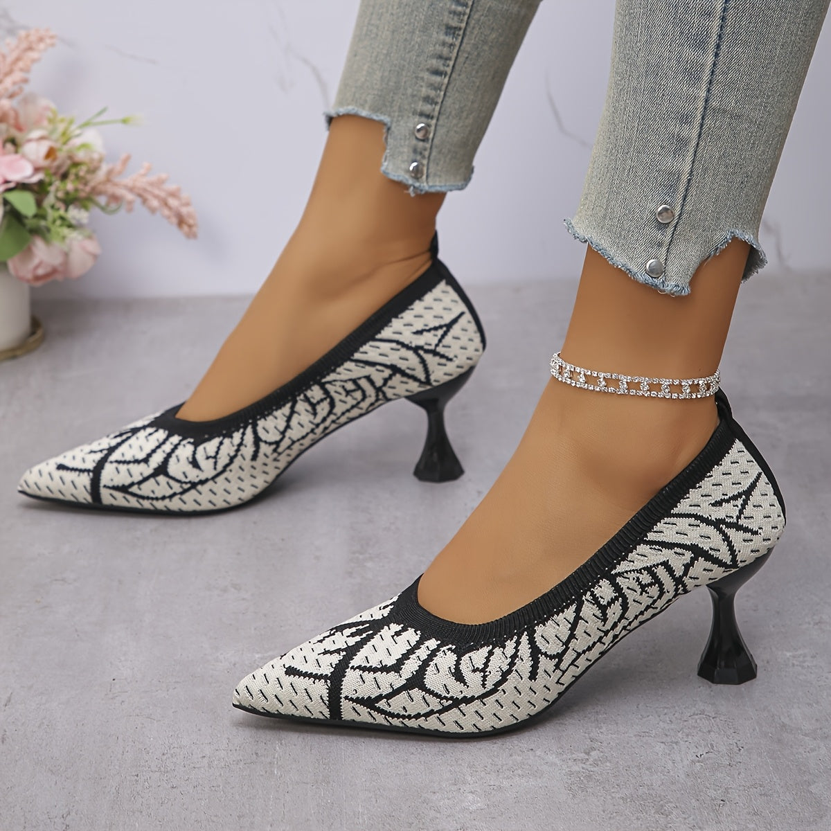 Women'S Embroidered Pointed Toe Pumps, Breathable Knit Fabric Dress Shoes, Fashion Stiletto High Heels with PU Sole for All Seasons