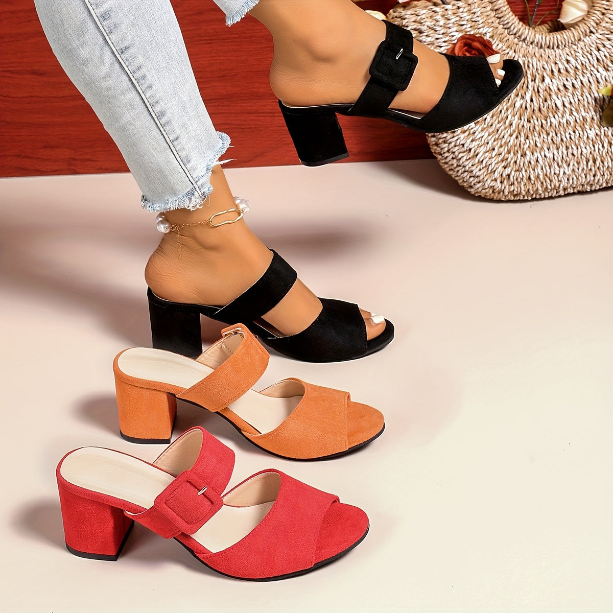 [Trendy High Heels] Comfortable Trendy Women's High Heels - New Style Solid Color Peep-Toe - Fashionable Versatile Chunky Heel Outdoor Buckle