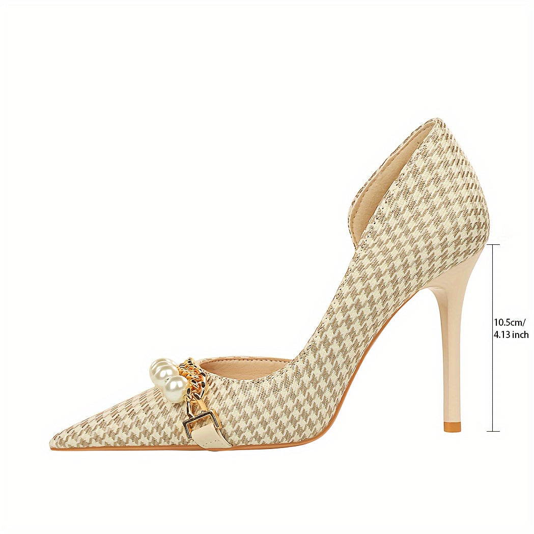 [Perfect Heel for Modern Woman] Womens Elegant Stiletto Heels, Thousand bird plaid pattern pattern collocation Dazzling Faux Pearl and metal Chain Decor, Wedding Evening Dress Office Party Dating Shoes, sleek pointed toe, eye