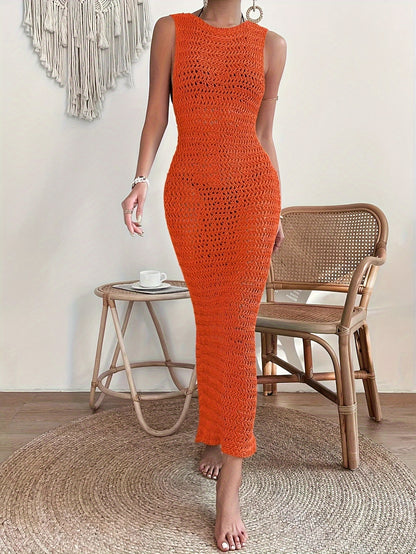 European and American Popular Cut-out Knitted Long Skirts, Suspenders, Open-back Sexy Beach Dresses, Women's Swimsuits