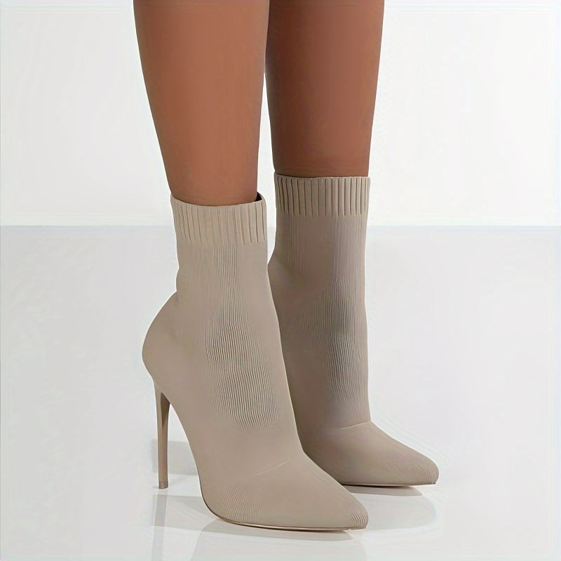 1pr Women'S Mid-Calf Sock Boots - Casual Solid Color Slip-On Pointed Toe Stiletto Heels with Knitted Fabric Upper, Inner & Sole, Flannel Insole - All-Season Stretchy Knit Ankle Booties