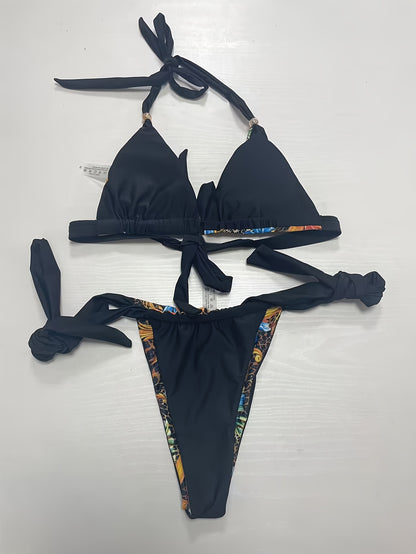 Leopard Floral Print Bikini Set - Flattering Halter & Backless Design - Ultra-Stretch Triangle Top, 2 Piece Swimwear Set for Womens Fashionable Beachwear