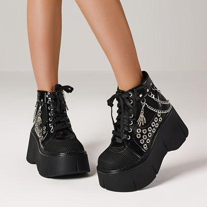 Women's Gothic Punk Ankle Boots with Chain Accents, Round Toe Platform Wedge Heels, Side Zipper & Shoelace Closure, Fashionable Cosplay Party Street Shoes, Ladies Dress Shoes