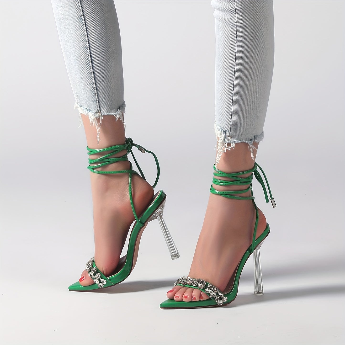 Vivianly Strappy Stiletto Clear High Heels Rhinestone Lace Up Heeled Sandals Pointed Toe Pumps Wedding Bride Dress Shoes