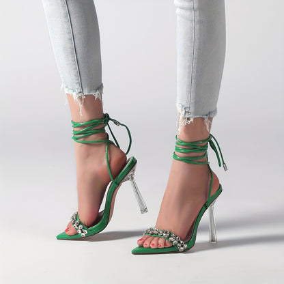 Vivianly Strappy Stiletto Clear High Heels Rhinestone Lace Up Heeled Sandals Pointed Toe Pumps Wedding Bride Dress Shoes