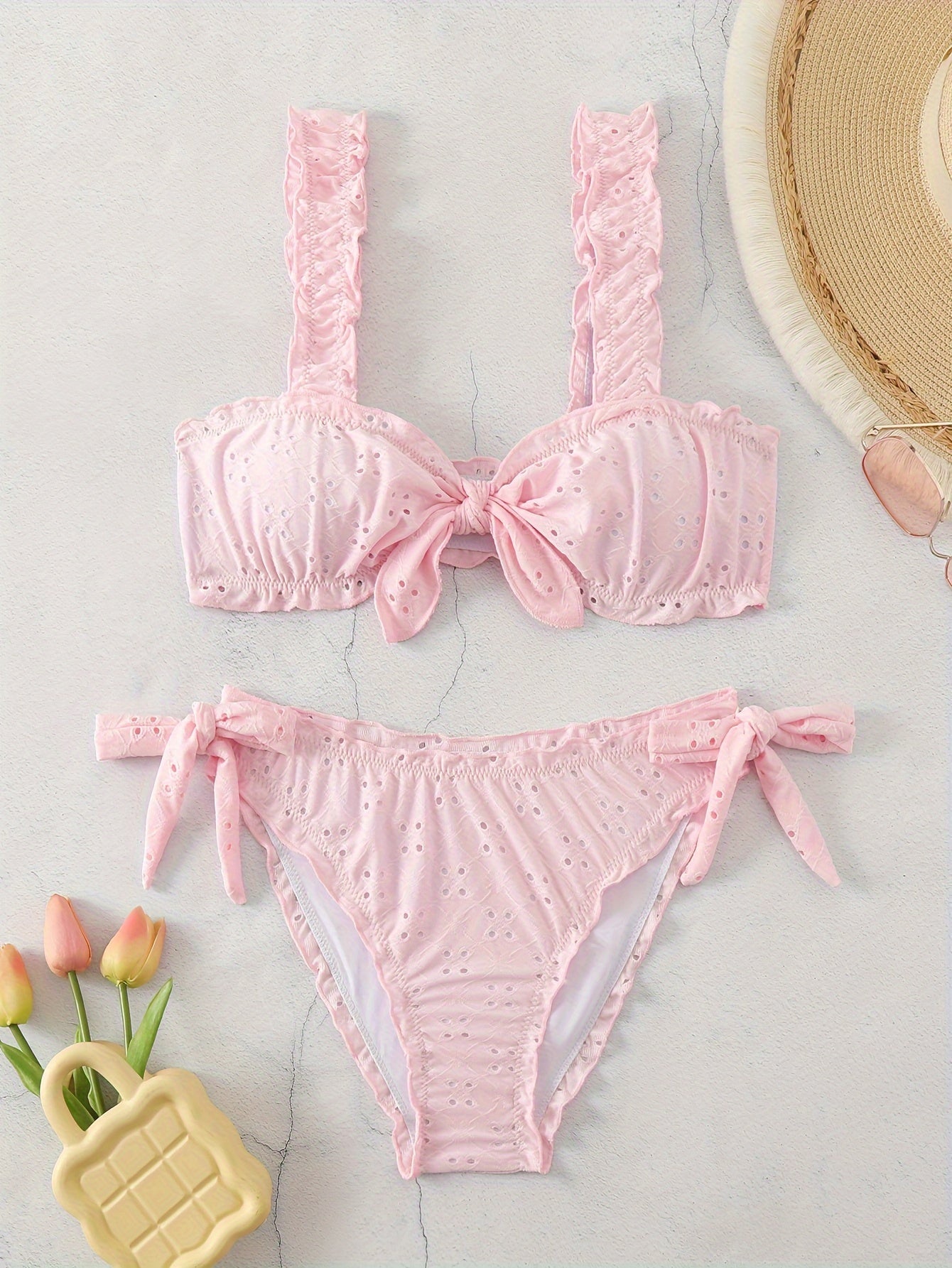 2 Piece Eyelet Embroidery Frill Stretchy Knot Bikini Set - Cute, Comfortable, and Chic Women's Swimwear with Plain White Color - Perfect for Beach, Pool, and Summer Vacation