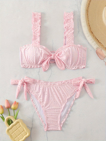 2 Piece Eyelet Embroidery Frill Stretchy Knot Bikini Set - Cute, Comfortable, and Chic Women's Swimwear with Plain White Color - Perfect for Beach, Pool, and Summer Vacation