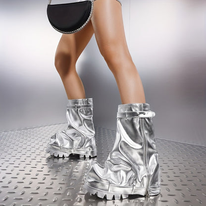 Chic Cool Women'S Round Toe Pleated Loose Chunky Heels Zipper Fashion New Year Party Winter Mid Calf Boots