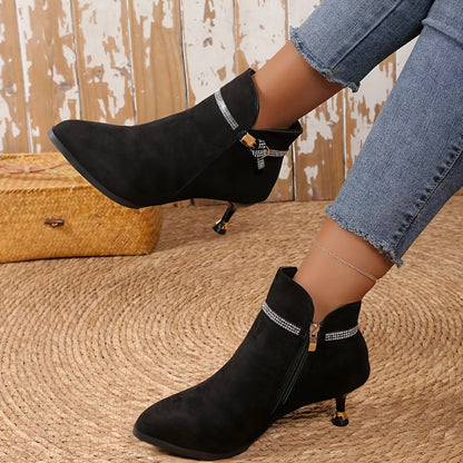 [Metal Buckle Ankle Boots] Velour Thick Pointed Mid-Heels Metal Buckle Ankle Boots - Autumn and Winter Fashion Women's Boots