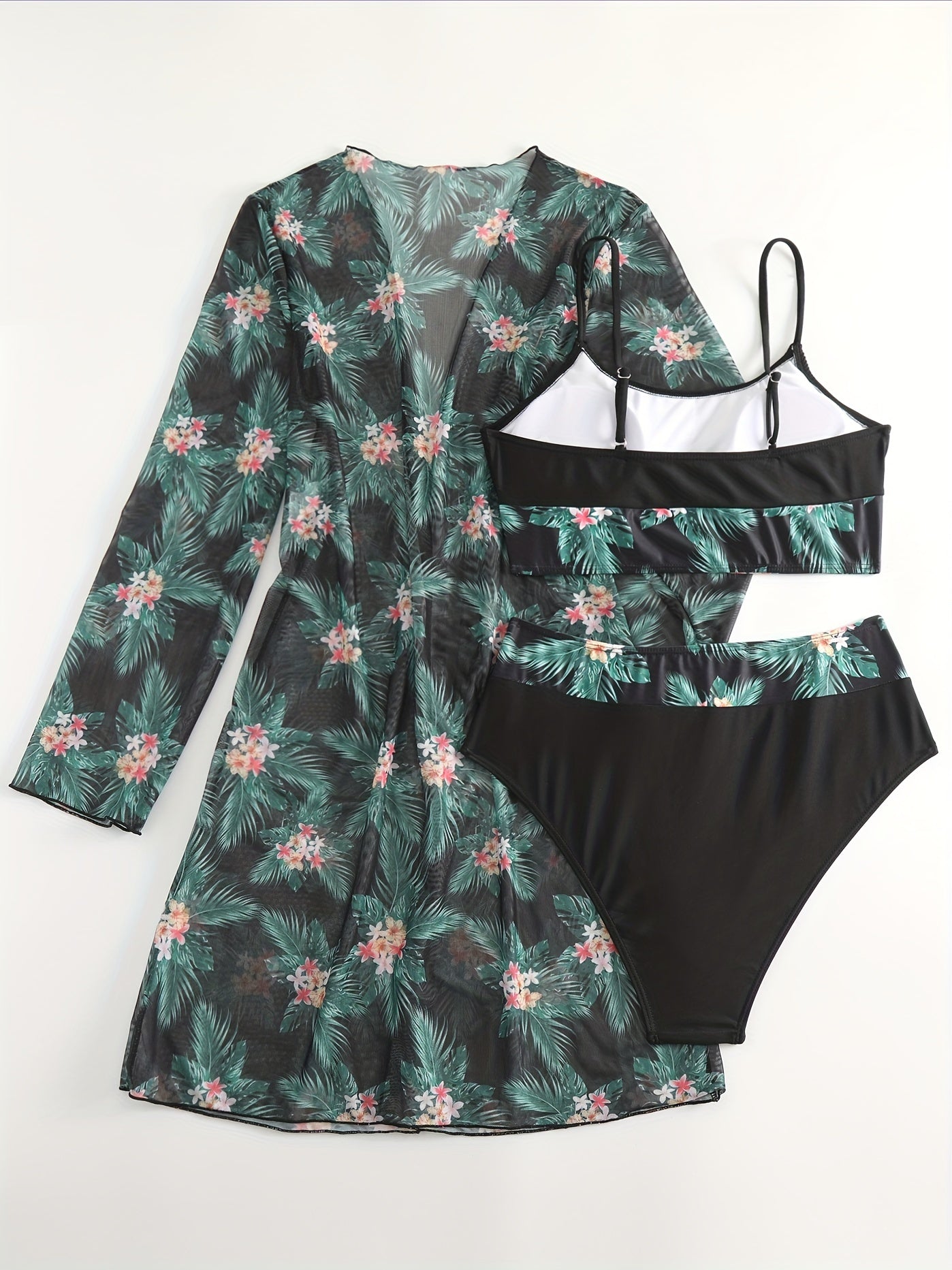 Tropical Elegance: High-Stretch 3-Piece Bikini Set with Crew Neck Cover-Up, Perfect for Casual Chic