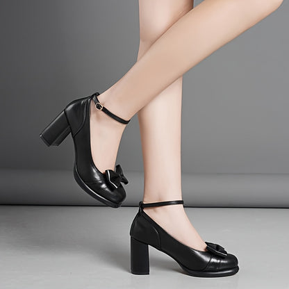 Women'S Black Round Toe High Heels with Bowknot - Sweet Platform Pumps, Chunky Heel, Synthetic Cover, All-Season Elegant Dress Shoes for Weddings & Formal Events, Ladies Shoe