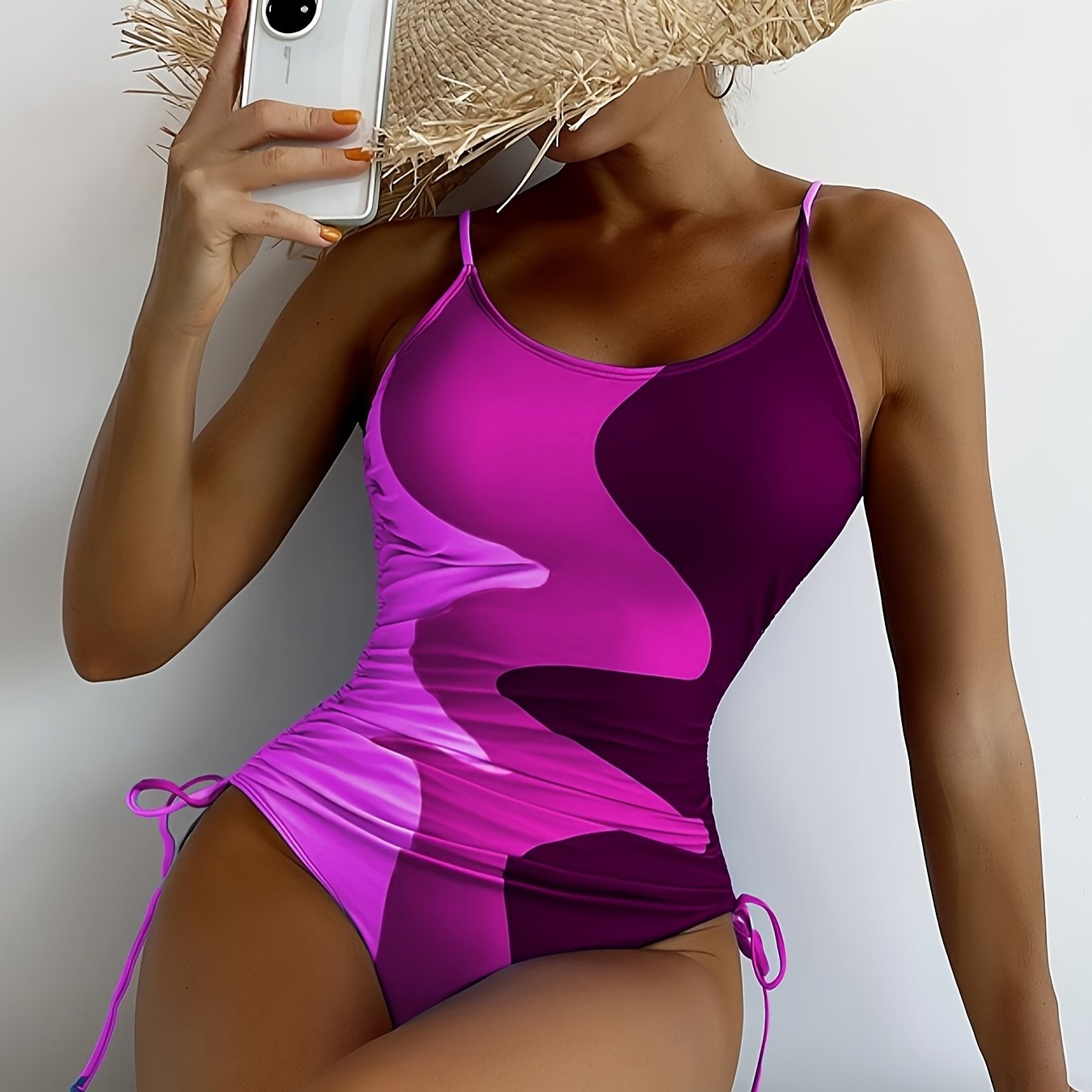 Blue Color Block Drawstring One-piece Swimsuit, Spaghetti Strap High Stretch Bathing Suits, Women's Swimwear & Clothing