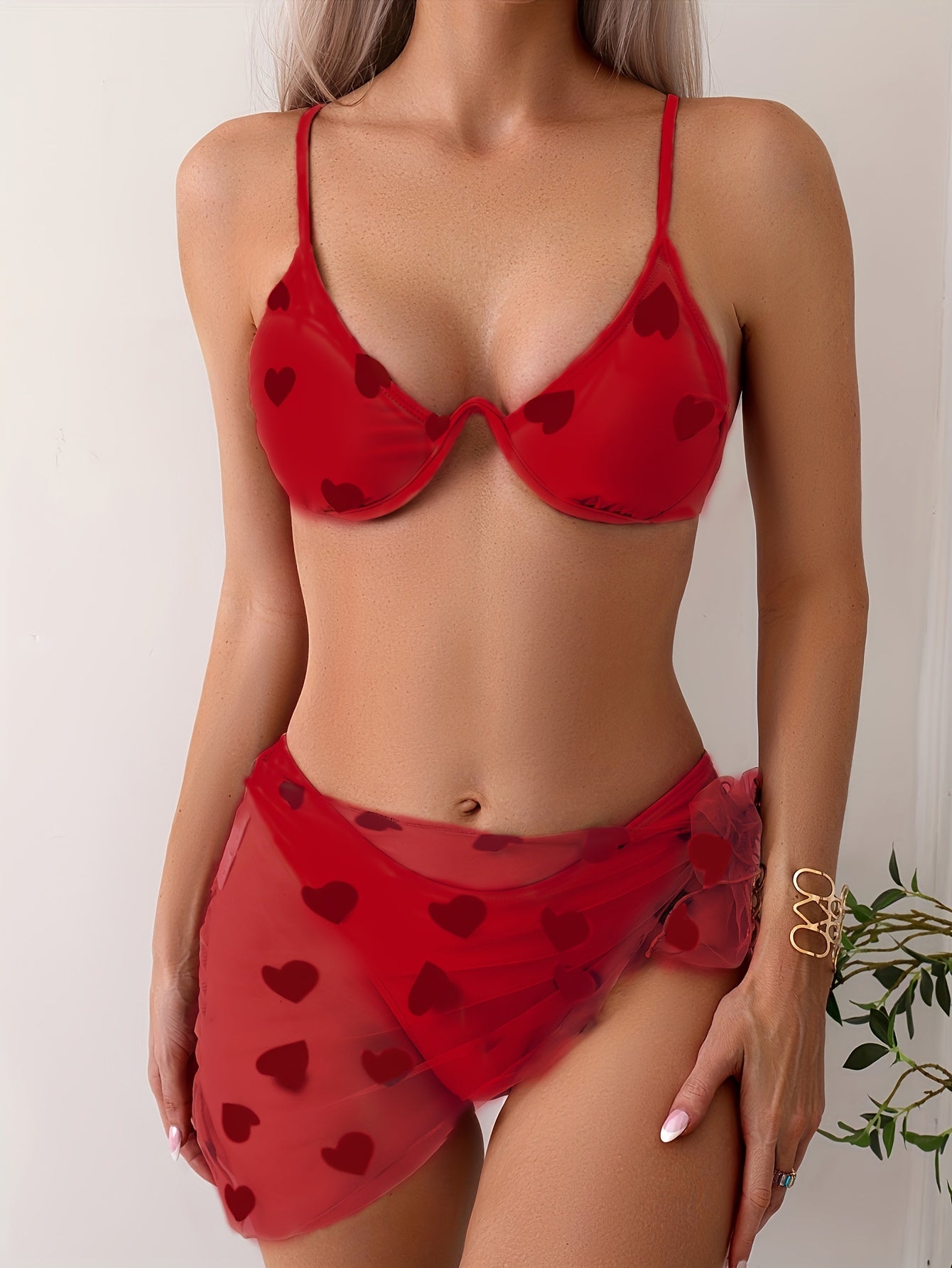 Romantic Heart Pattern Bikini Set - Flattering V Neck, Adjustable Back Buckle, High Cut Swimsuit with Sheer Mesh Skirt Cover Up - Stylish 3 Piece Womens Swimwear Ensemble
