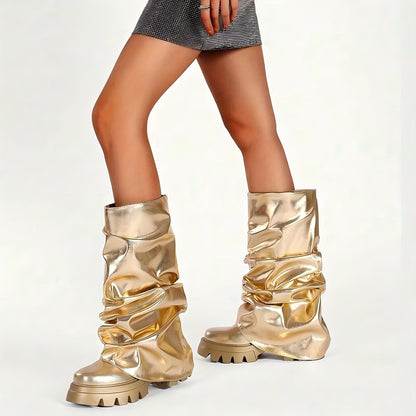 Women's Platform Knee High Boots Fashion Pleated Chunky High Heels Round Toe Fold Over Pull On Slouchy Shark Boots